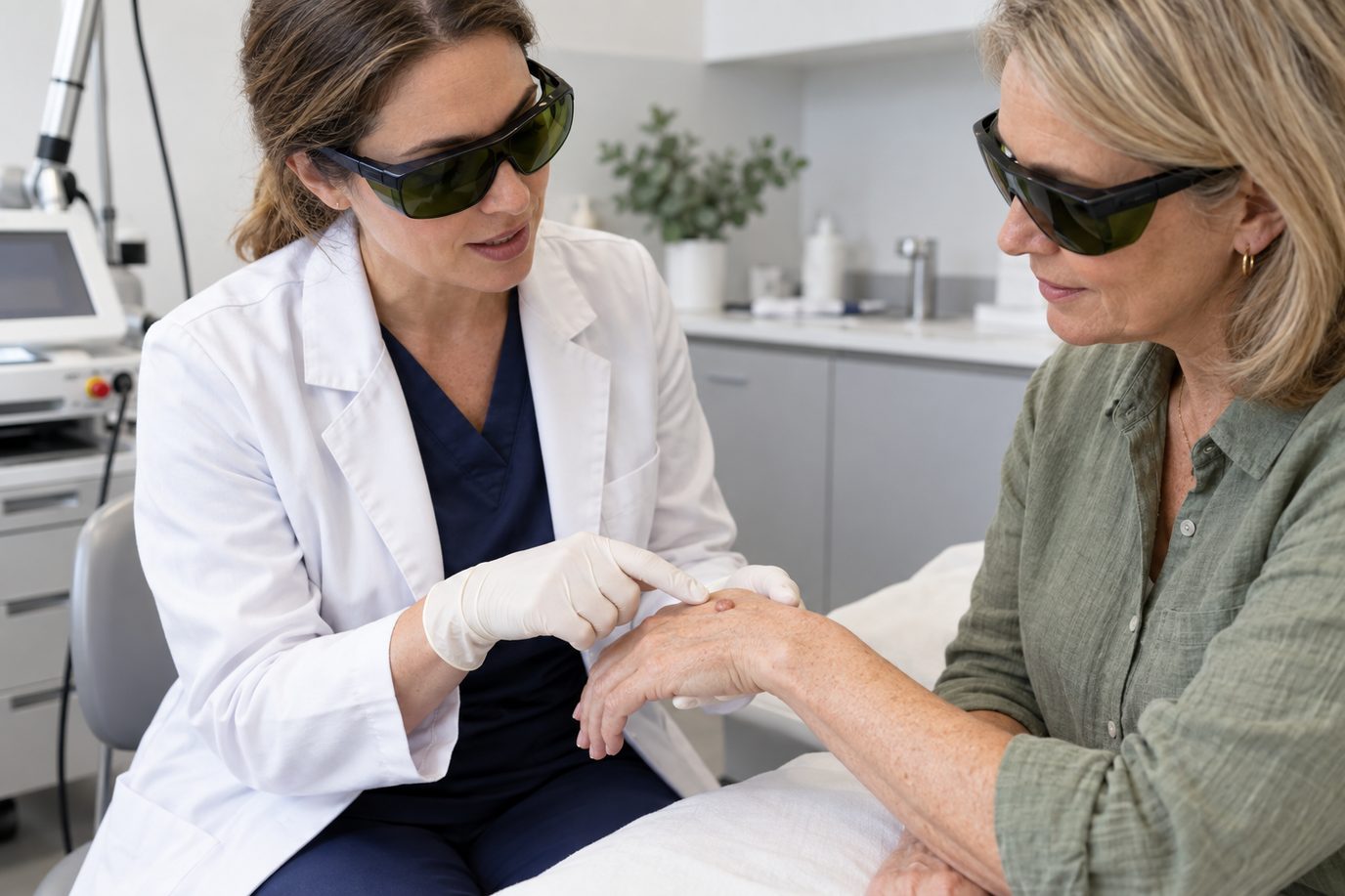Illustrative image of a skin consultation. The pictured clinician and patient are models.