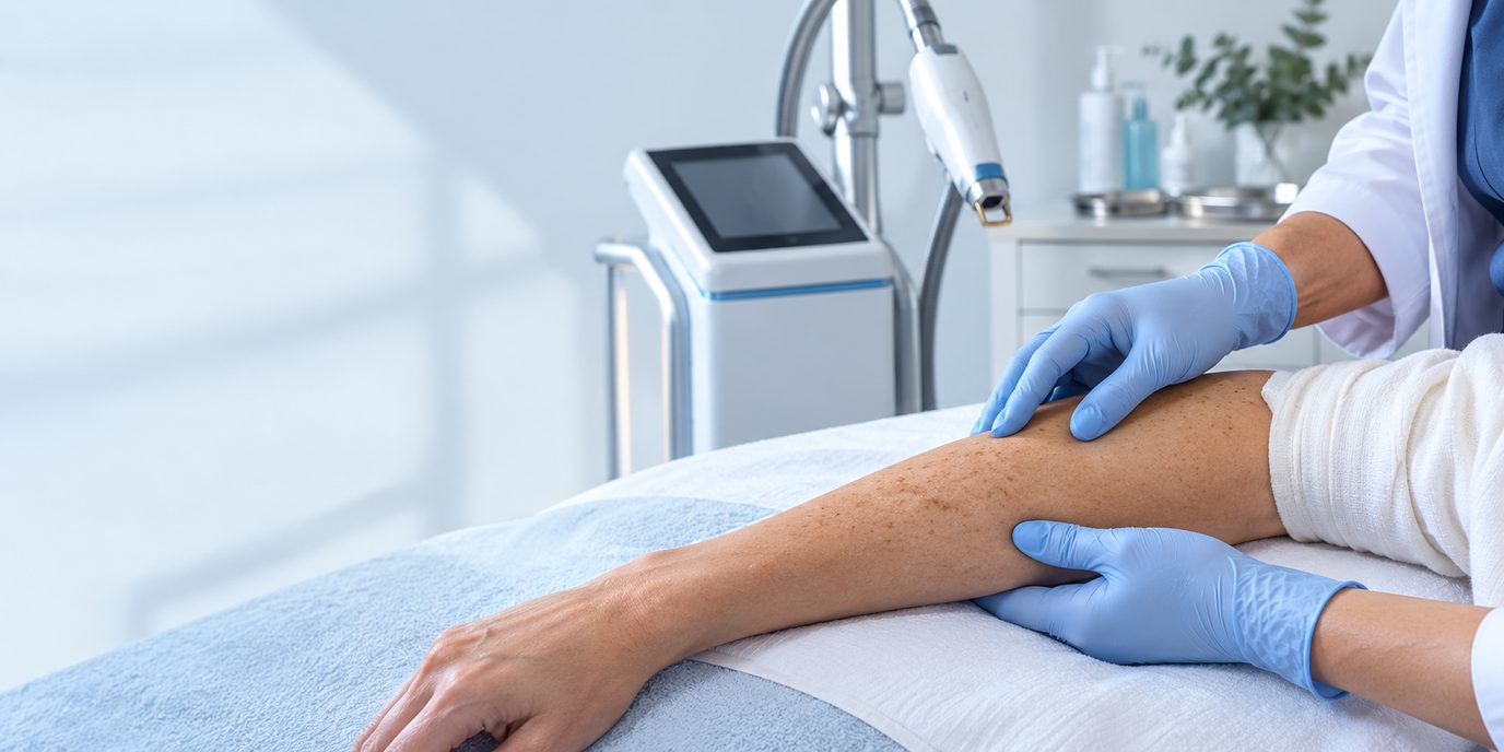 Illustrative image of a skin assessment. The pictured setting and equipment are not the clinic.